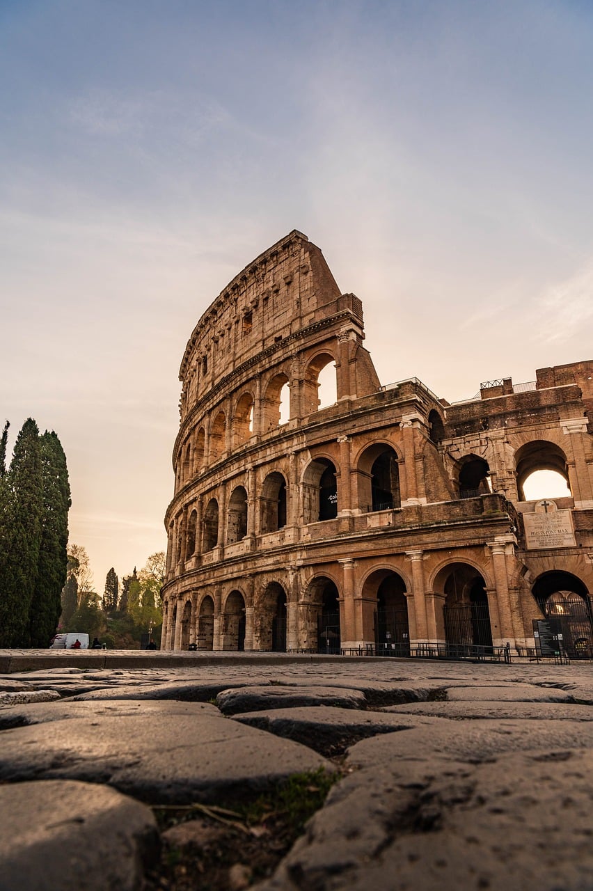 italy, rome, colosseum, sunset, ancient architecture, travel, nature, roman arena, tourists